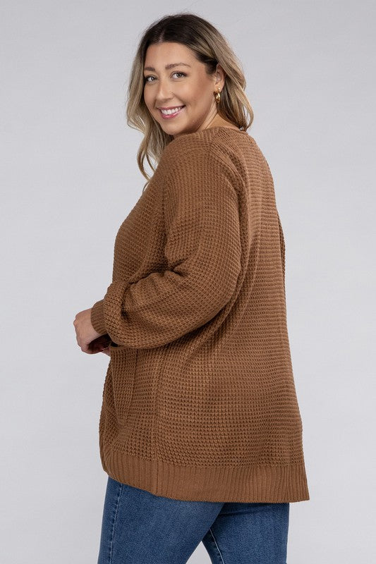 Zenana Curvy Low Gauge Waffle Open Cardigan Sweater