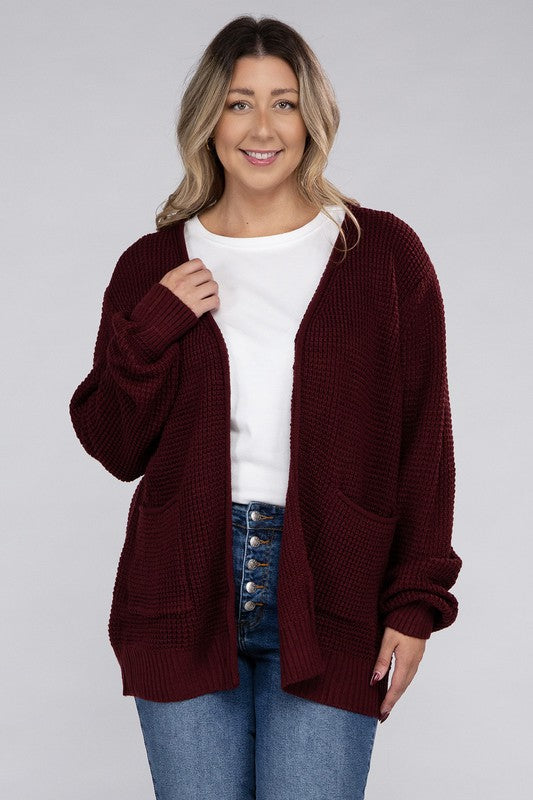 Zenana Curvy Low Gauge Waffle Open Cardigan Sweater