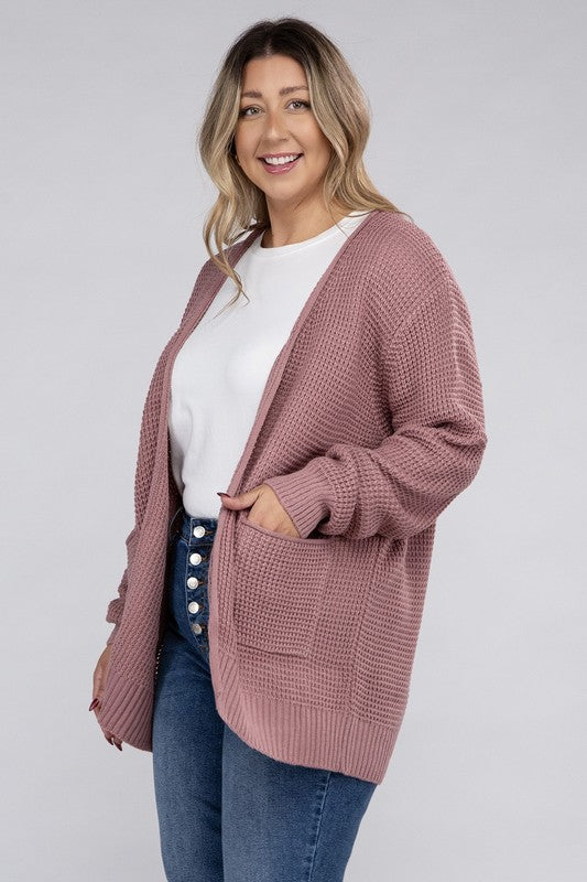 Zenana Curvy Low Gauge Waffle Open Cardigan Sweater