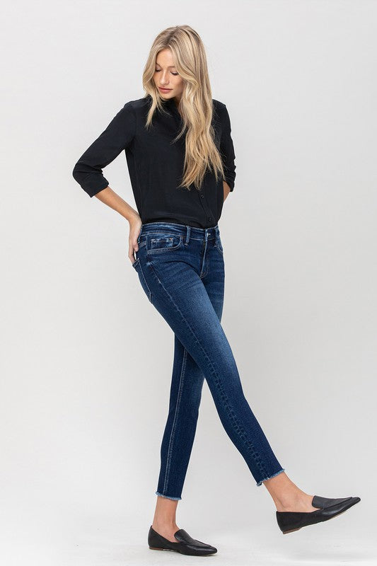 Mid Rise Raw Hem Crop Skinny