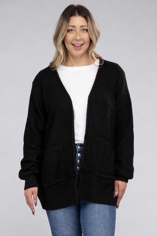 Zenana Curvy Low Gauge Waffle Open Cardigan Sweater