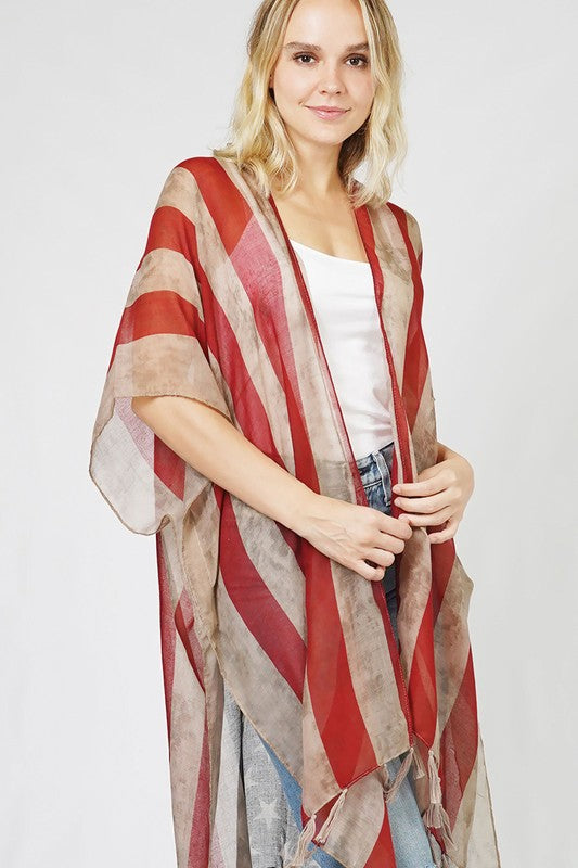 USA Flag Printed Kimono with Tassels