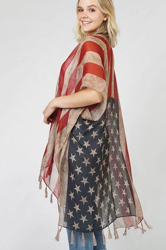 USA Flag Printed Kimono with Tassels