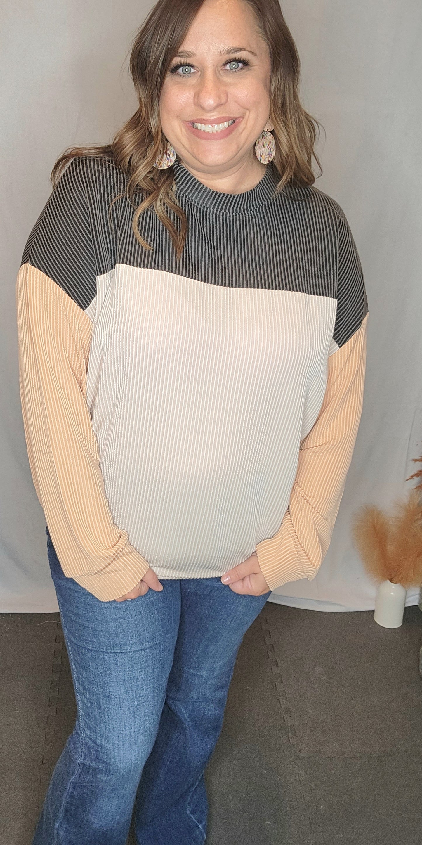 Ribbed Color Block Long Sleeve T-Shirt