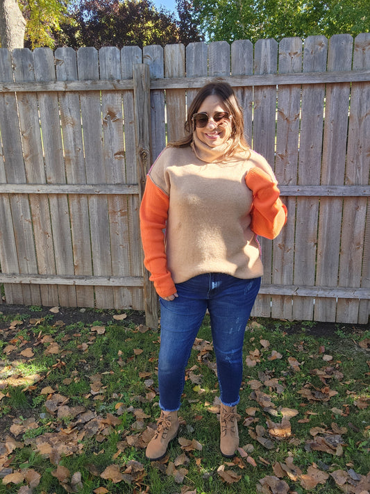 Double Take Color Block Turtleneck Sweater