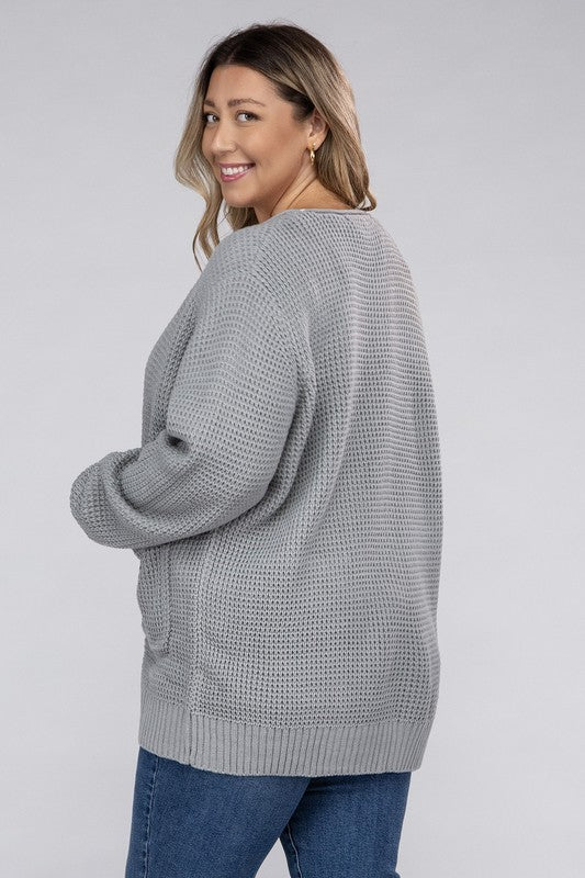 Zenana Curvy Low Gauge Waffle Open Cardigan Sweater