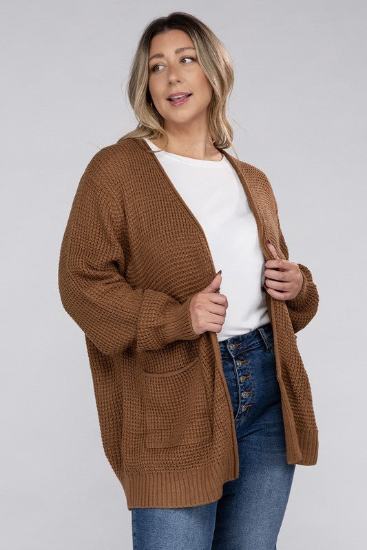 Zenana Curvy Low Gauge Waffle Open Cardigan Sweater