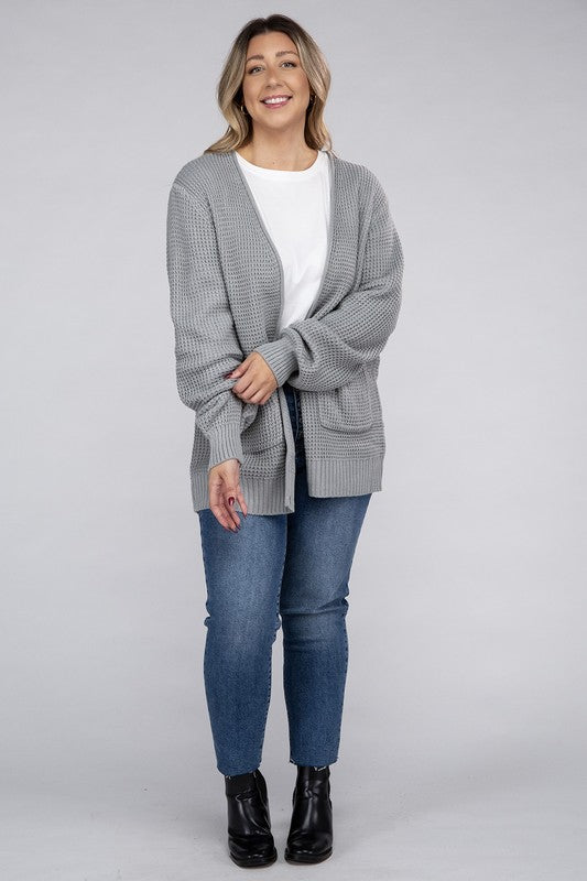 Zenana Curvy Low Gauge Waffle Open Cardigan Sweater