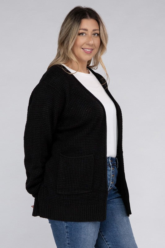 Zenana Curvy Low Gauge Waffle Open Cardigan Sweater