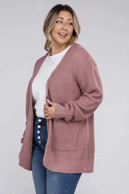 Zenana Curvy Low Gauge Waffle Open Cardigan Sweater