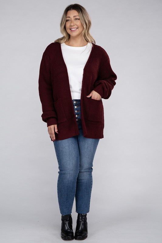 Zenana Curvy Low Gauge Waffle Open Cardigan Sweater