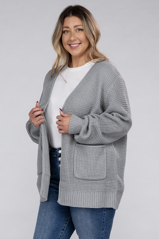 Zenana Curvy Low Gauge Waffle Open Cardigan Sweater