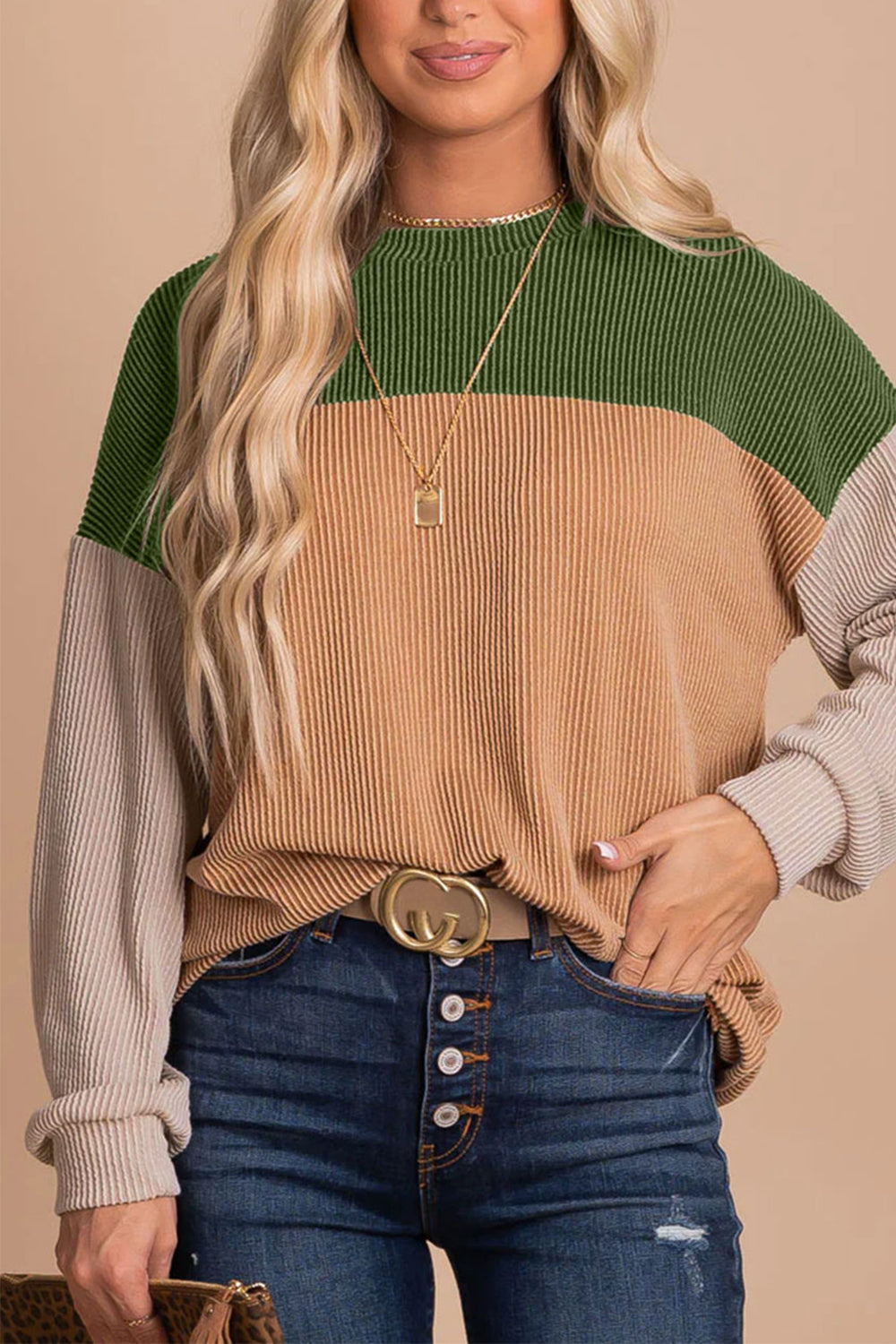 Ribbed Color Block Long Sleeve T-Shirt