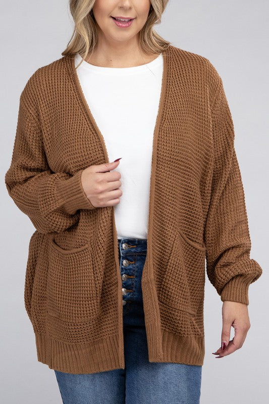 Zenana Curvy Low Gauge Waffle Open Cardigan Sweater