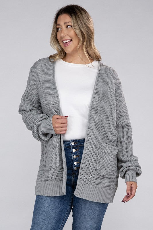 Zenana Curvy Low Gauge Waffle Open Cardigan Sweater