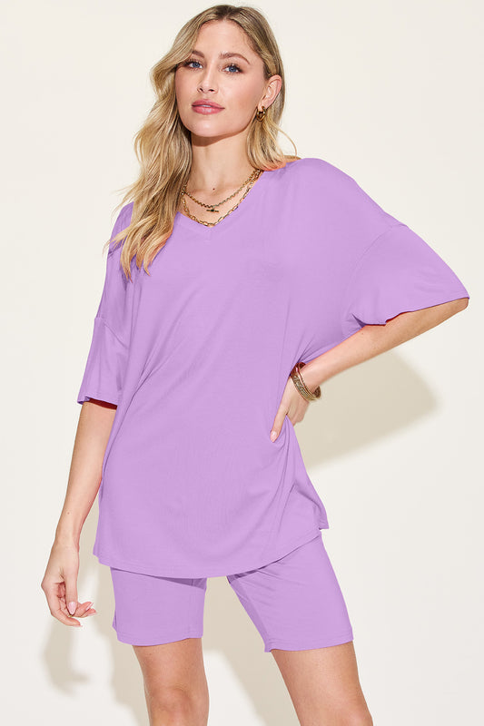 Basic Bae Bamboo Full Size  V-Neck Drop Shoulder T-Shirt and Shorts Set