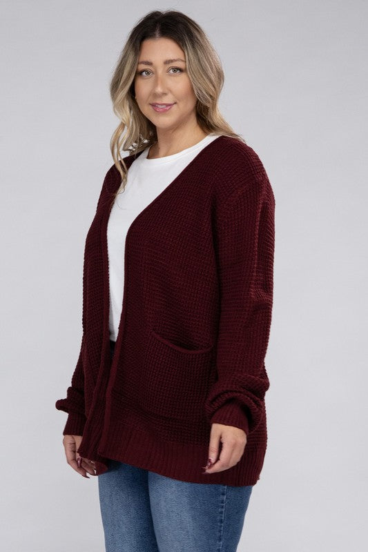 Zenana Curvy Low Gauge Waffle Open Cardigan Sweater