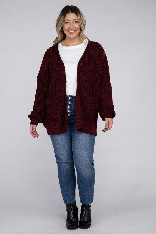 Zenana Curvy Low Gauge Waffle Open Cardigan Sweater