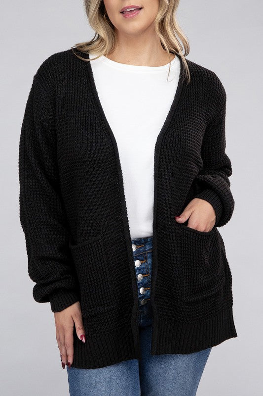 Zenana Curvy Low Gauge Waffle Open Cardigan Sweater