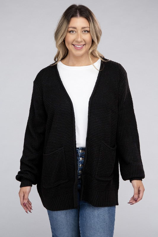 Zenana Curvy Low Gauge Waffle Open Cardigan Sweater