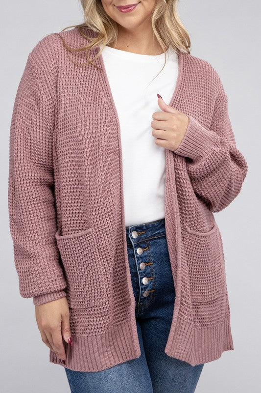 Zenana Curvy Low Gauge Waffle Open Cardigan Sweater