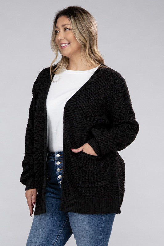 Zenana Curvy Low Gauge Waffle Open Cardigan Sweater