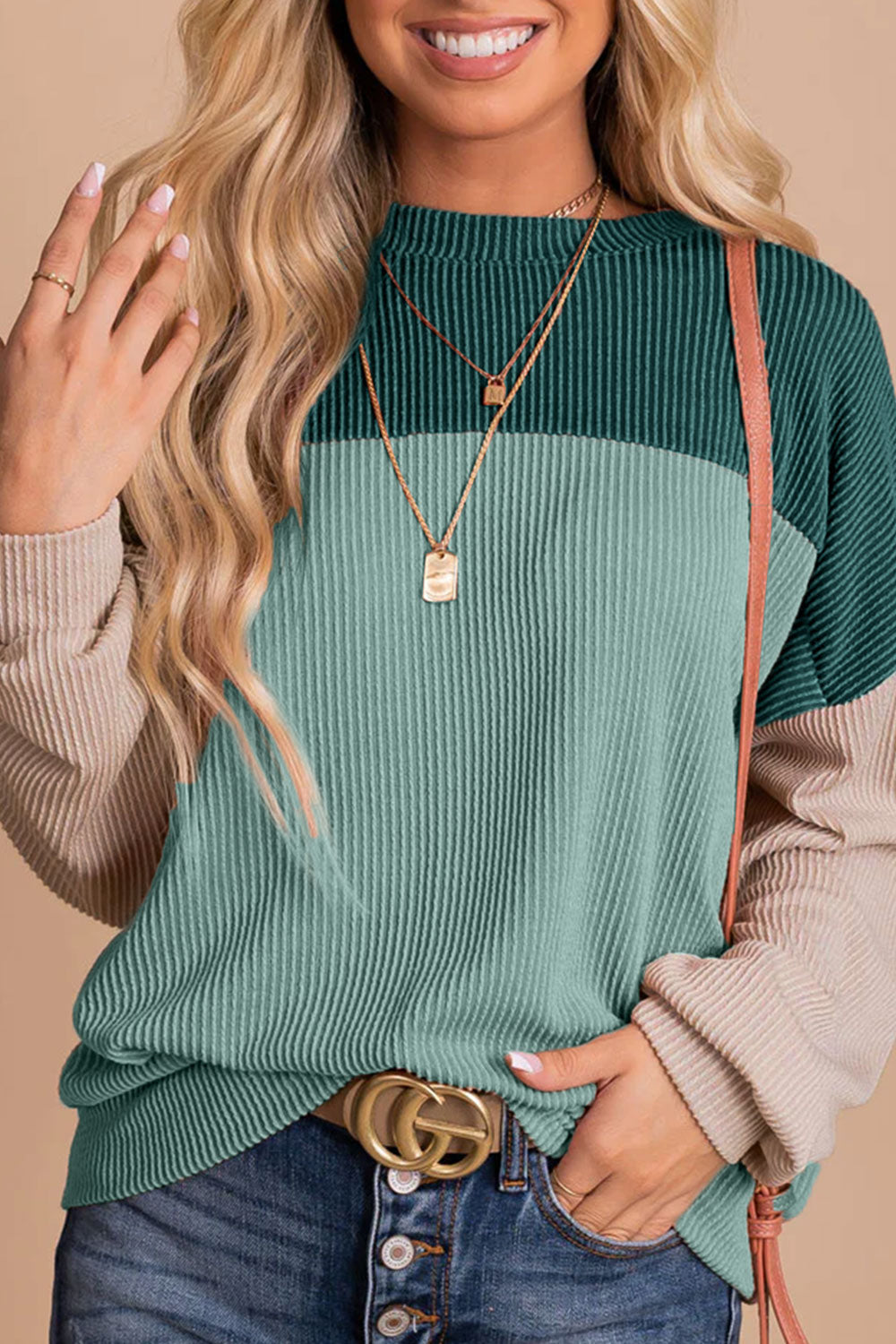 Ribbed Color Block Long Sleeve T-Shirt