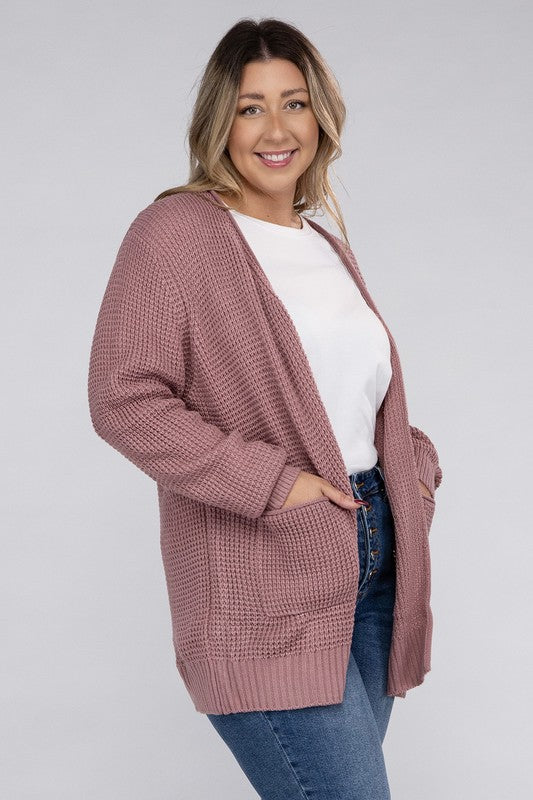 Zenana Curvy Low Gauge Waffle Open Cardigan Sweater