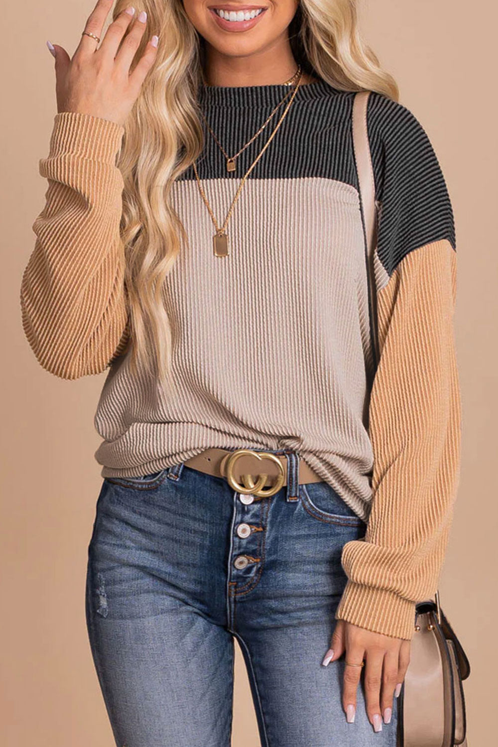 Ribbed Color Block Long Sleeve T-Shirt