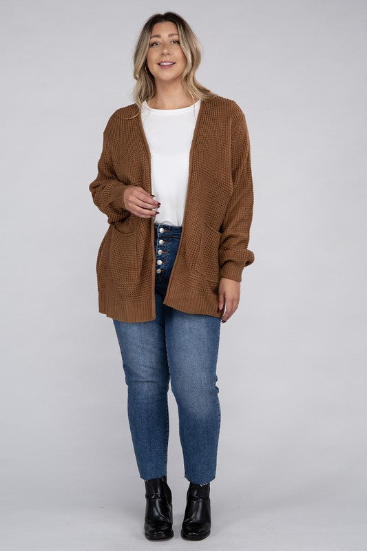 Zenana Curvy Low Gauge Waffle Open Cardigan Sweater