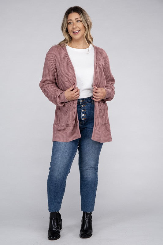 Zenana Curvy Low Gauge Waffle Open Cardigan Sweater