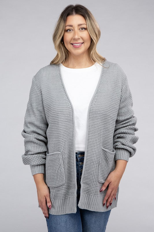 Zenana Curvy Low Gauge Waffle Open Cardigan Sweater