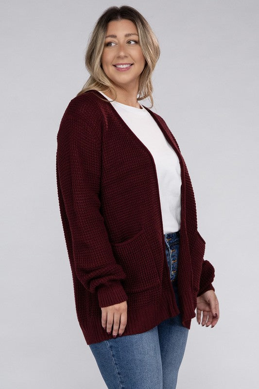 Zenana Curvy Low Gauge Waffle Open Cardigan Sweater