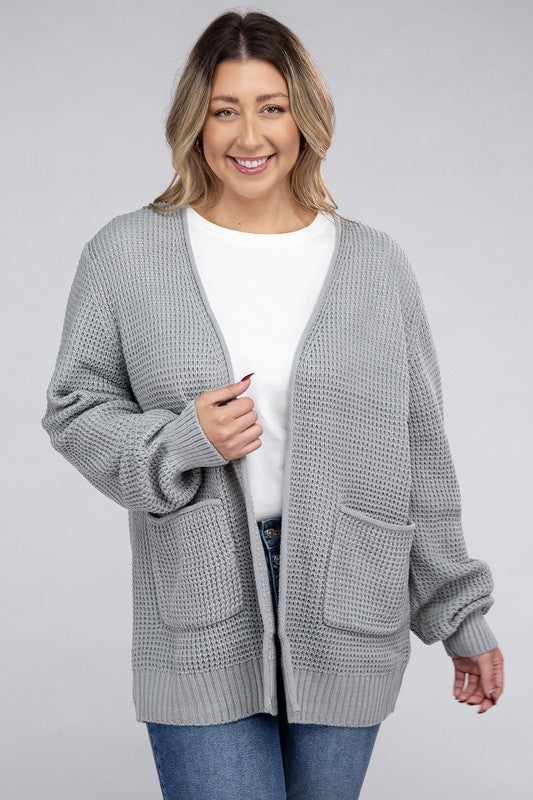 Zenana Curvy Low Gauge Waffle Open Cardigan Sweater