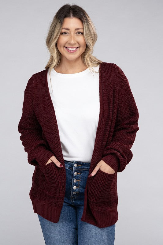 Zenana Curvy Low Gauge Waffle Open Cardigan Sweater