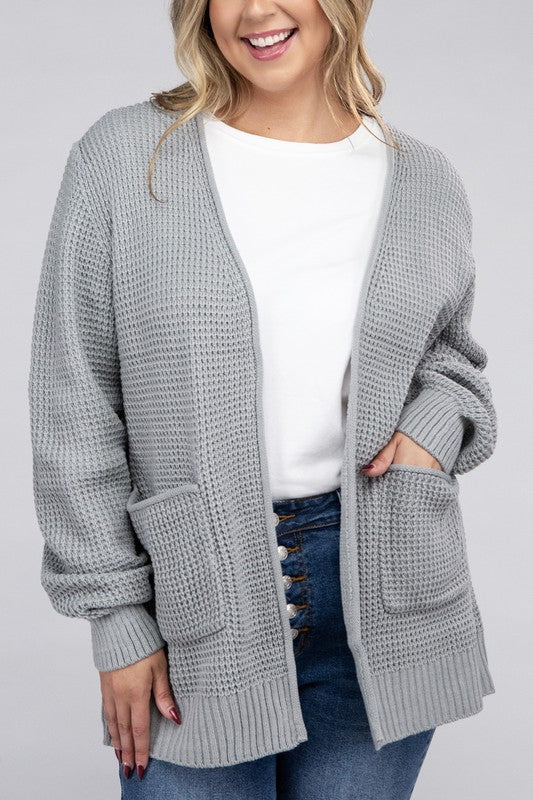 Zenana Curvy Low Gauge Waffle Open Cardigan Sweater