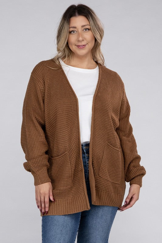 Zenana Curvy Low Gauge Waffle Open Cardigan Sweater