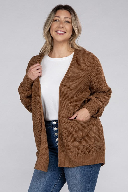 Zenana Curvy Low Gauge Waffle Open Cardigan Sweater