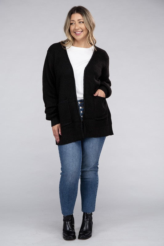 Zenana Curvy Low Gauge Waffle Open Cardigan Sweater