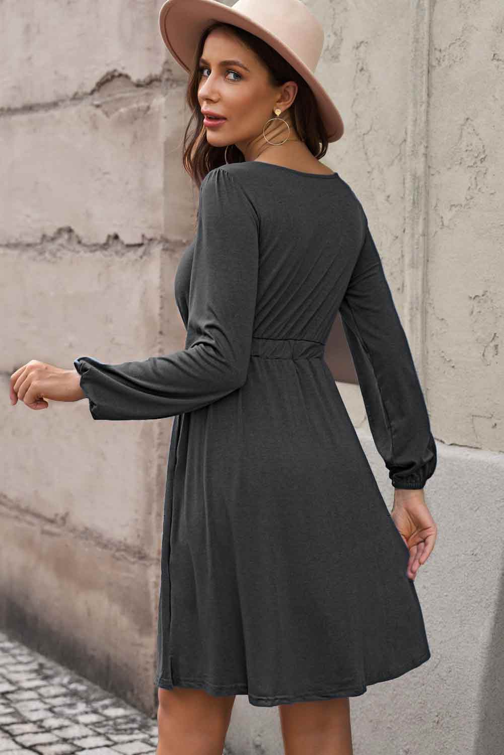 Curvy Button Front Elastic Waist Long Sleeve Dress