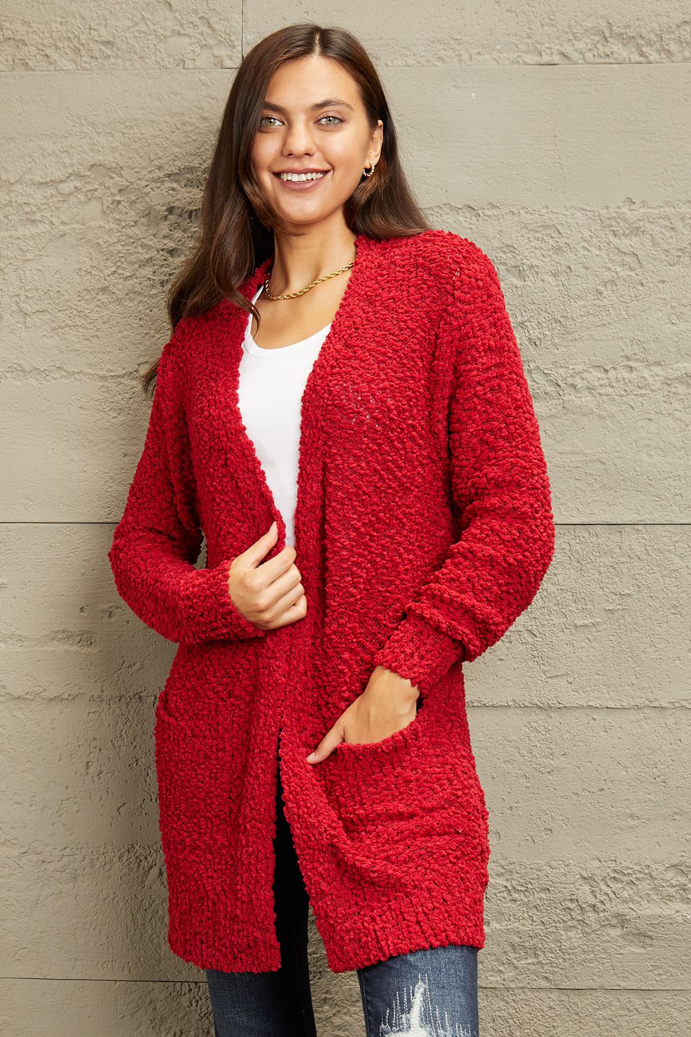 Zenana Falling For You Open Front Popcorn Cardigan