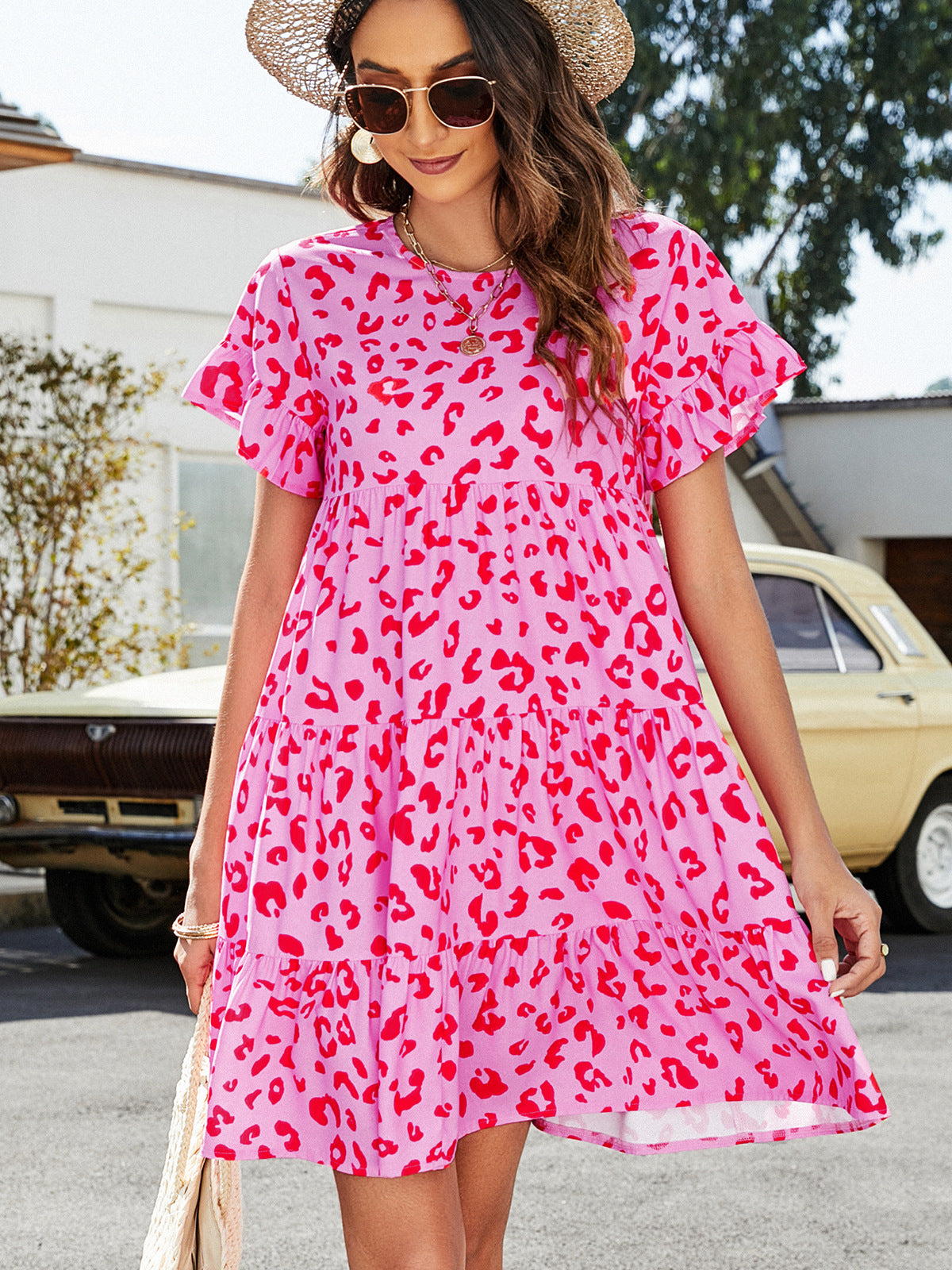 Short Sleeve Flounce Tiered Dress