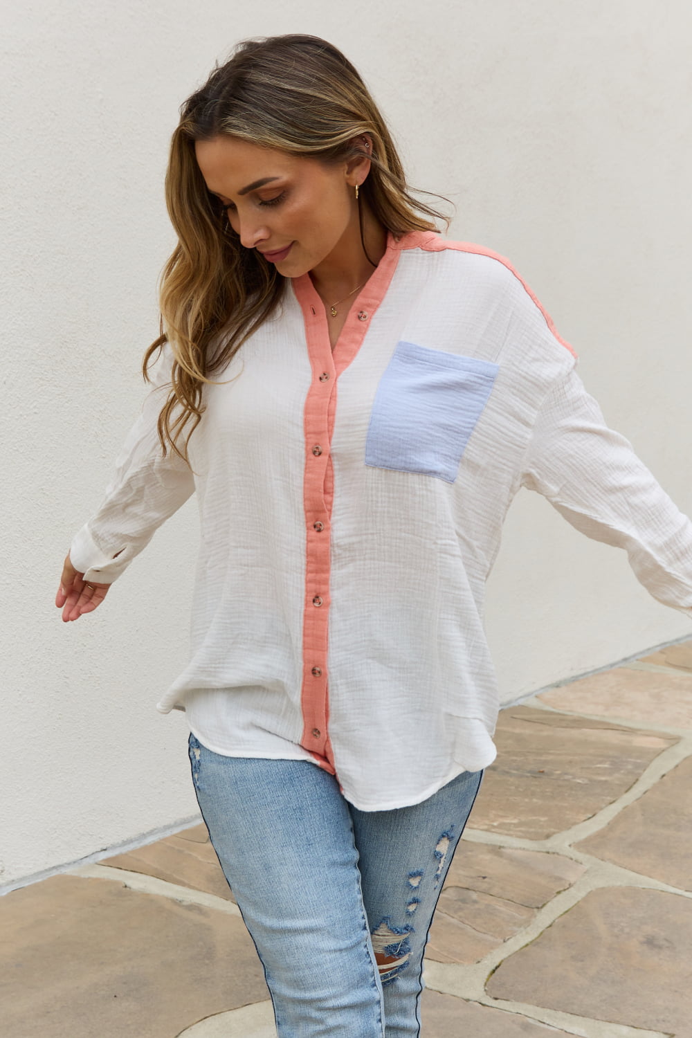 White Birch Color Block Woven Button Down Top