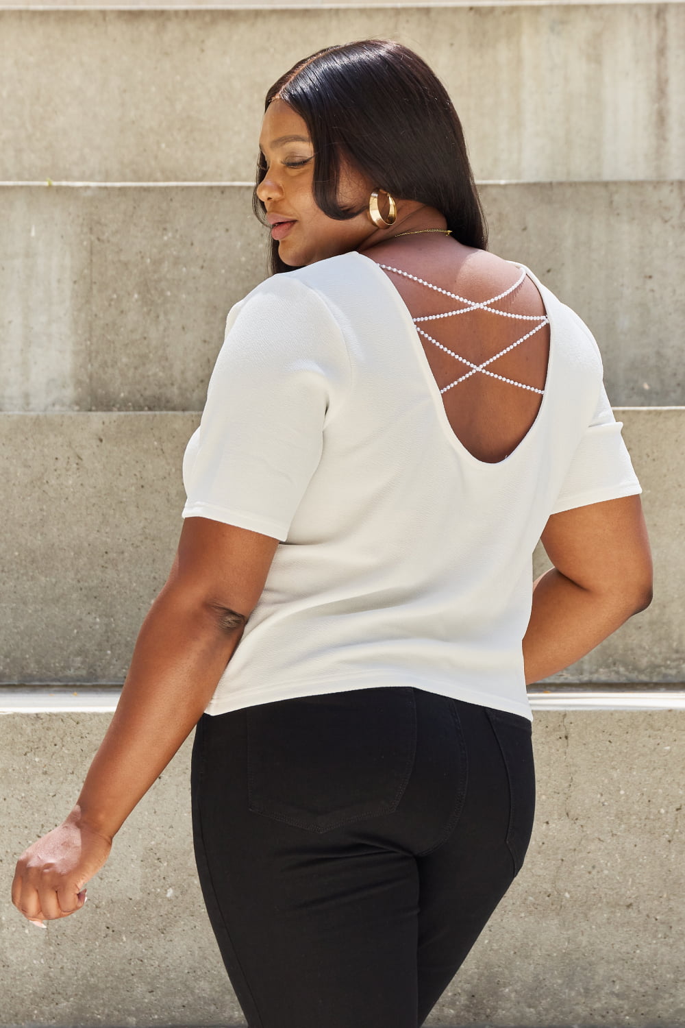 Pearly Criss Cross Pearl Detail Open Back T-Shirt