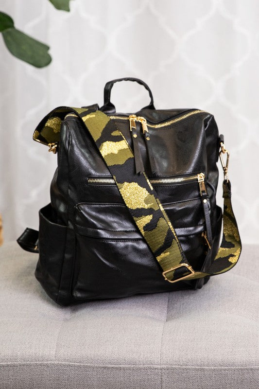 Melea Convertible Vegan Leather Bag with Camo Strap