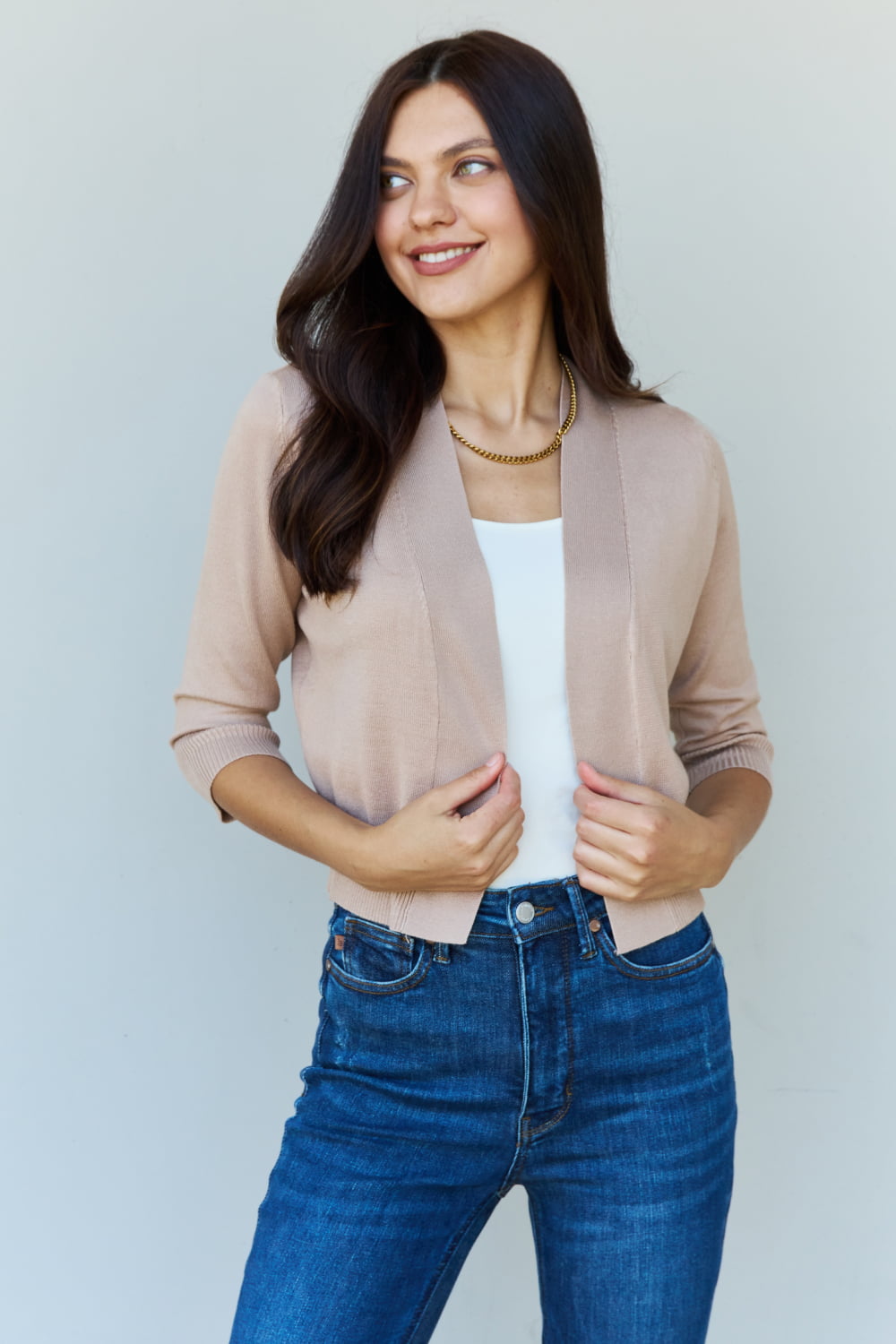 Amanda 3/4 Sleeve Cropped Cardigan in Khaki