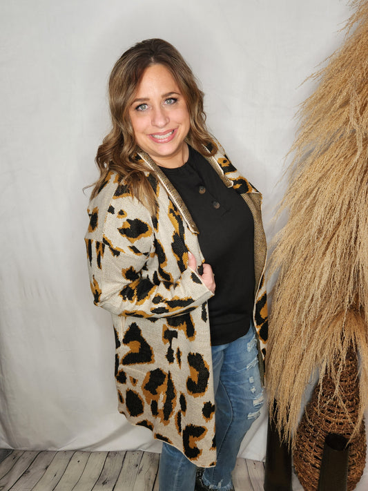 Leopard Open Front Cardigan with Pockets