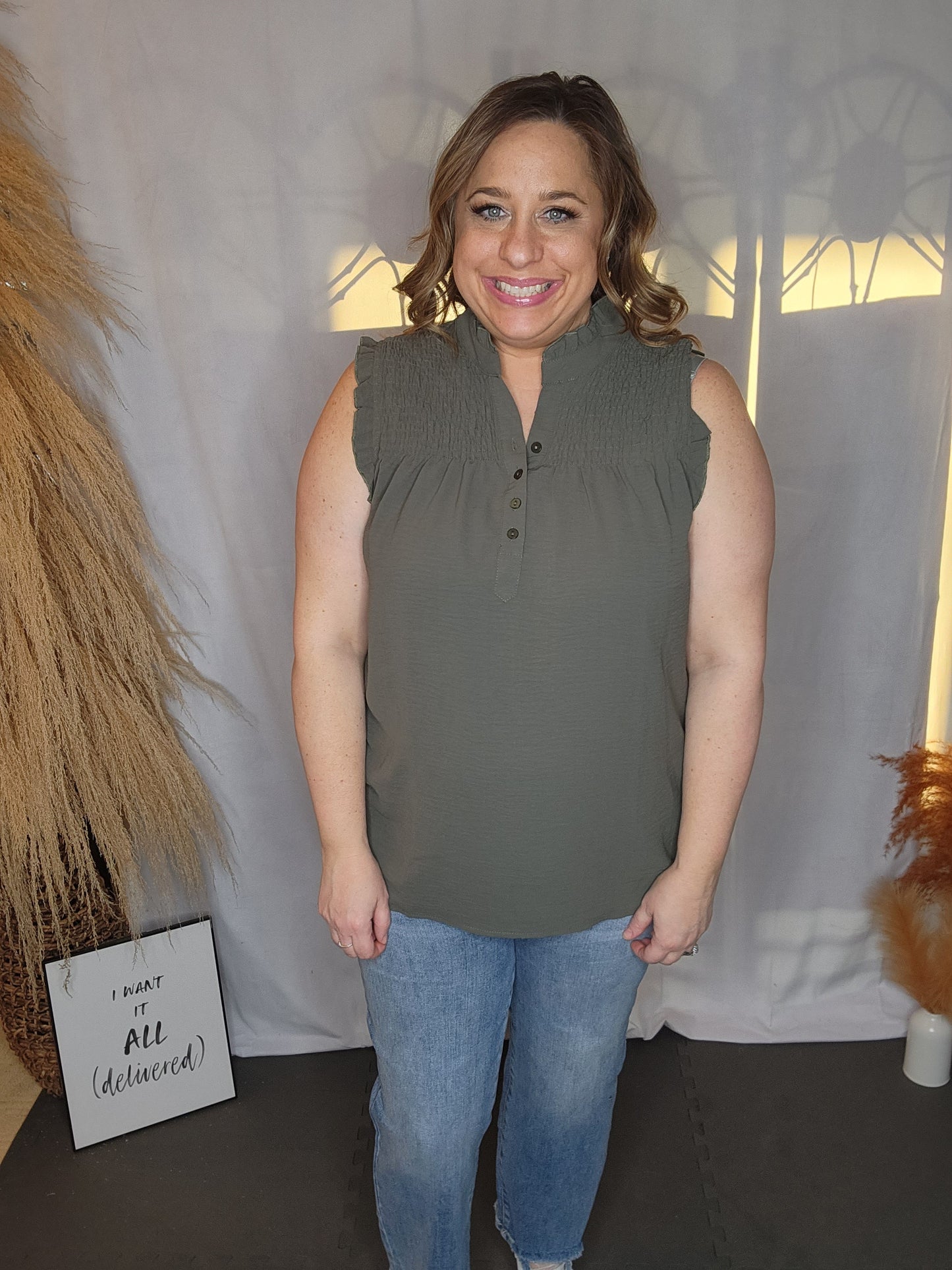 Buttoned Top- Smocked Sleeveless Blouse