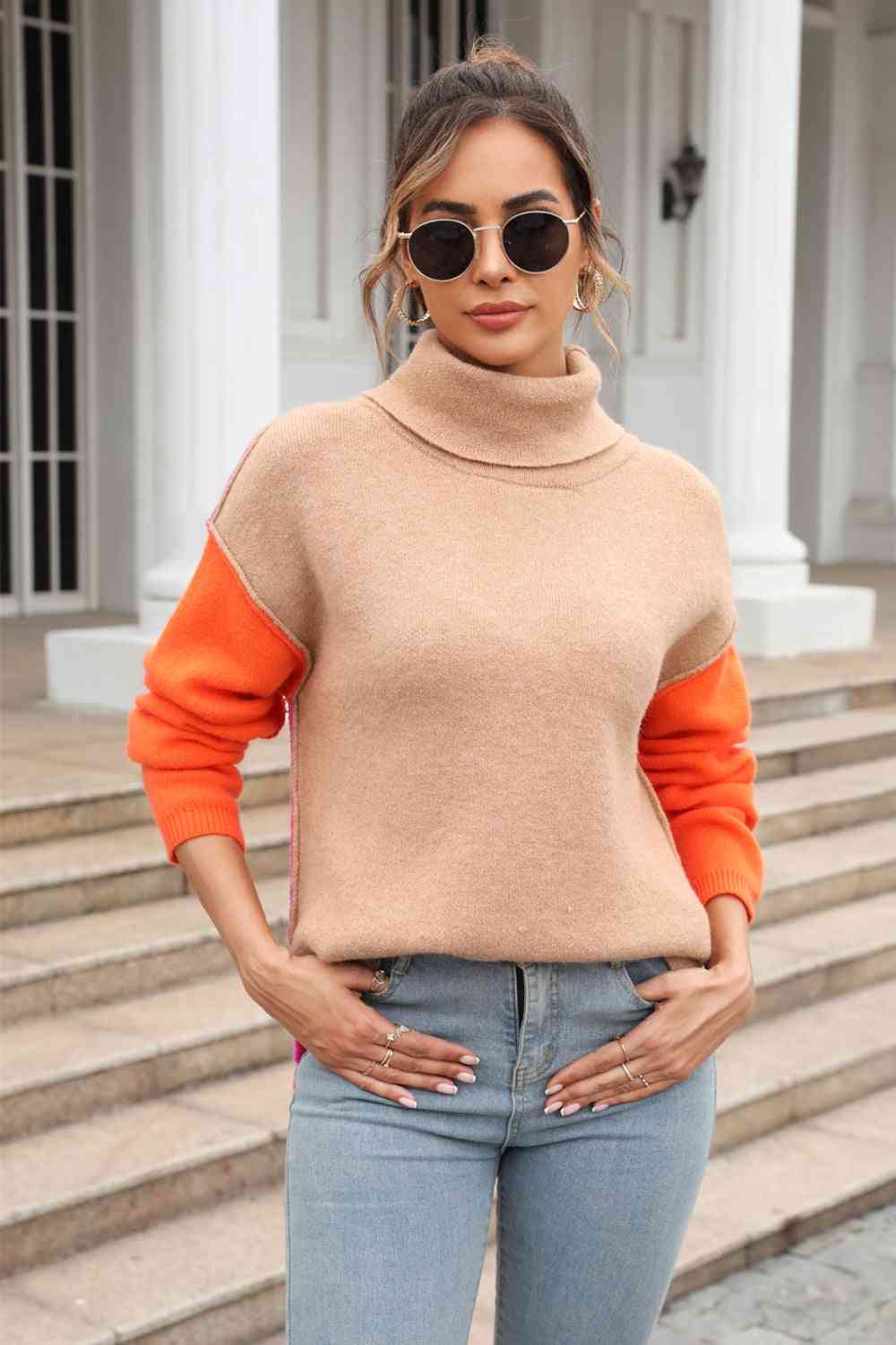 Double Take Color Block Turtleneck Sweater