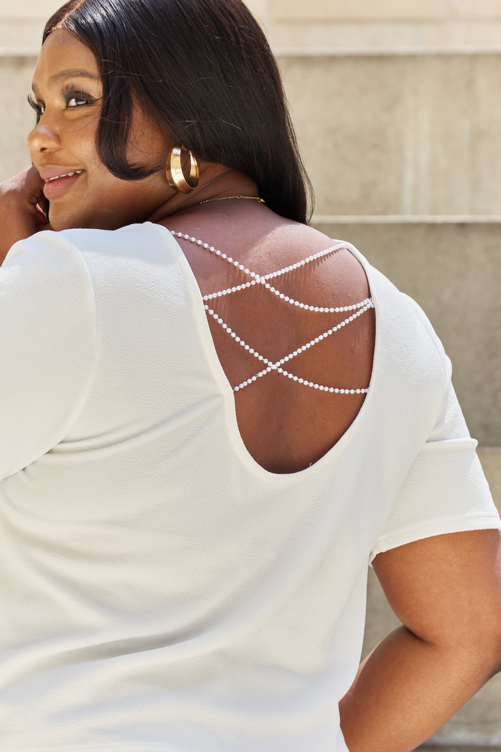 Pearly Criss Cross Pearl Detail Open Back T-Shirt